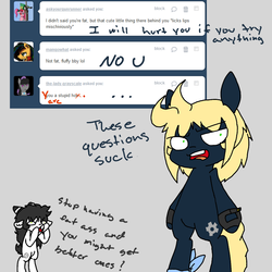 Size: 800x800 | Tagged: safe, artist:what a ridiculous mod, oc, oc only, oc:starlight gear, oc:stripey butts, earth pony, goat, pony, semi-anthro, ask a ridiculous fan pony, ..., ask, bipedal, clothes, dialogue, duo, floppy ears, frown, glare, gloves, gray background, no u, open mouth, simple background, tumblr, wide eyes