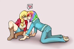 Size: 996x660 | Tagged: safe, artist:first-blush, applejack, rainbow dash, human, g4, humanized, ship:appledash, shipping