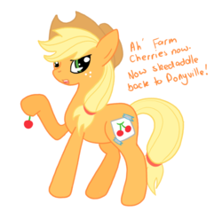 Size: 821x810 | Tagged: safe, artist:remmis-applemaster, applejack, earth pony, pony, g4, cherry, fake cutie mark, female, food, mare, raised hoof, simple background, solo, transparent background