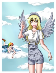 Size: 700x900 | Tagged: safe, artist:apzzang, derpy hooves, rainbow dash, human, g4, cloud, cloudy, humanized, observer, overalls, winged humanization