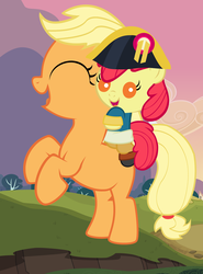 Size: 4000x5400 | Tagged: safe, artist:beavernator, apple bloom, applejack, earth pony, pony, g4, adorabloom, baby, baby apple bloom, baby pony, costume, cute, duo, filly, foal, jackabetes, napoleon, napoleon crossing the alps, parody, weapons-grade cute, younger