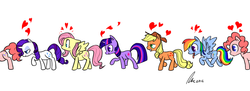 Size: 1280x464 | Tagged: safe, artist:rwl, applejack, fluttershy, pinkie pie, rainbow dash, rarity, twilight sparkle, earth pony, pegasus, pony, unicorn, g4, ears back, female, floppy ears, heart, lesbian, line-up, looking at butt, mane six, mare, mare train, now you're thinking with portals, omniship, polyamory, ship:appledash, ship:flarity, ship:pinkiedash, ship:raripie, ship:twijack, ship:twishy, shipping, simple background, unicorn twilight, white background