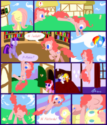 Size: 1050x1225 | Tagged: safe, artist:rwl, applejack, fluttershy, pinkie pie, rainbow dash, rarity, twilight sparkle, g4, comic, female, hug, lesbian, ship:flutterpie, ship:rarijack, shipping