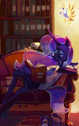 Size: 2184x3448 | Tagged: dead source, safe, artist:holivi, princess luna, alicorn, semi-anthro, g4, book, couch, detailed background, digital painting, ethereal mane, female, indoors, lounging, mare, reading, sitting, solo