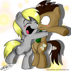 Size: 1246x1249 | Tagged: safe, artist:irunekagi, derpy hooves, doctor whooves, time turner, pegasus, pony, g4, blushing, cute, derpabetes, doctorbetes, female, hug, mare, ship:doctorderpy, shipping, simple background, transparent background