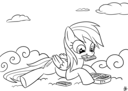 Size: 852x605 | Tagged: safe, artist:sorcerushorserus, rainbow dash, pony, g4, compact cassette, female, lineart, solo, wings