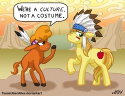 Size: 720x553 | Tagged: dead source, safe, artist:texasuberalles, braeburn, little strongheart, bison, buffalo, earth pony, pony, g4, ashamed, costume, cultural appropriation, duo, female, little strongheart is not amused, male, stallion, unamused, we're a culture not a costume