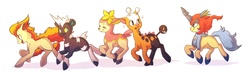 Size: 1807x534 | Tagged: safe, artist:zilleniose-chu, blitzle, deerling, girafarig, horse, keldeo, ponyta, cute, pokémon, ponified, running, simple background