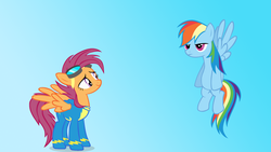 Size: 1920x1080 | Tagged: safe, artist:grandilfromponychan, rainbow dash, scootaloo, pegasus, pony, g4, duo, floating, older, wallpaper, wonderbolt scootaloo, wonderbolts, wonderbolts uniform