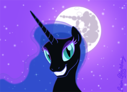 Size: 423x306 | Tagged: safe, artist:brianblackberry, nightmare moon, pony, g4, female, implied oc, mare in the moon, moon, nicemare moon, night, smiling, solo