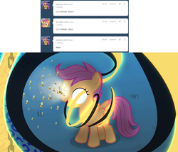 Size: 1280x1090 | Tagged: safe, artist:capnpea, edit, scootaloo, bee, g4, ask, glowing eyes, terry, tumblr