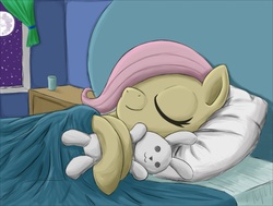 Size: 1677x1271 | Tagged: safe, artist:otakuap, fluttershy, pony, g4, bed, female, filly, mare in the moon, moon, plushie, sleeping, solo