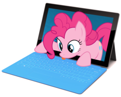 Size: 1600x1280 | Tagged: safe, artist:w2kchan, pinkie pie, earth pony, pony, g4, computer, female, mare, microsoft, simple background, solo, surface, transparent background
