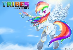 Size: 1900x1324 | Tagged: safe, artist:sunnybunnyi, rainbow dash, pegasus, pony, g4, butt, crossover, cute, dashabetes, female, flying, gun, looking back, mare, plot, shazbot, sky, solo, tribes, tribes ascend