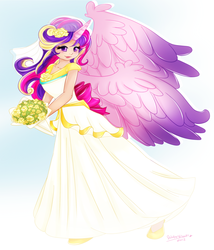 Size: 844x987 | Tagged: safe, artist:watergleam, princess cadance, human, g4, clothes, dress, female, flower, flower in hair, horn, horned humanization, humanized, solo, winged humanization