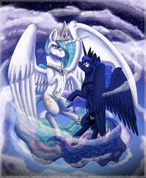 Size: 900x1100 | Tagged: safe, artist:inuhoshi-to-darkpen, princess celestia, princess luna, g4, cloud, duo, full body, impossibly large wings, large wings, looking at each other, looking at someone, royal sisters, siblings, sisters, sky, spread wings, wings