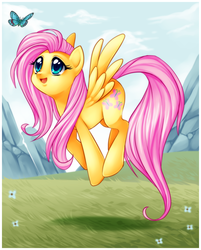 Size: 2040x2540 | Tagged: safe, artist:centchi, fluttershy, butterfly, pegasus, pony, g4, cute, female, mare, shyabetes, solo