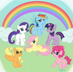 Size: 873x866 | Tagged: safe, artist:watergleam, applejack, fluttershy, pinkie pie, rainbow dash, rarity, twilight sparkle, g4, cloud, filly, mane six, rainbow