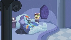 Size: 1276x719 | Tagged: safe, artist:miesmauz, rainbow dash, pegasus, pony, g4, bed, book, bookstack, female, pile of books, rainbow dash's bedroom, rainbow dash's house, reading, solo