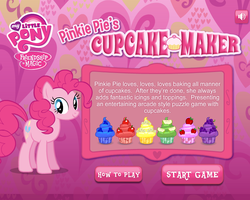 Size: 749x600 | Tagged: dead source, safe, screencap, pinkie pie, g4, official, cupcake, food, fourth wall, fruit, game, hubworld, my little pony logo, pinkie pie's cupcake maker