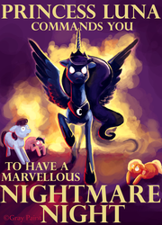 Size: 3229x4481 | Tagged: safe, artist:graypaint, princess luna, oc, g4, cowering, glowing eyes, halloween, nightmare night, poster, propaganda