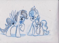 Size: 3501x2550 | Tagged: safe, artist:deihiru, diamond tiara, scootaloo, earth pony, pegasus, pony, g4, female, flower, lesbian, ship:scootiara, shipping, sketch