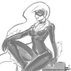 Size: 800x800 | Tagged: safe, artist:johnjoseco, princess celestia, human, g4, black cat, breasts, cleavage, cosplay, curvy, female, grayscale, humanized, looking at you, marvel, monochrome, smiling, solo