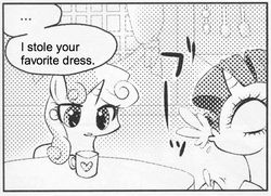 Size: 546x395 | Tagged: safe, rarity, sweetie belle, pony, unicorn, g4, ..., exploitable meme, female, filly, many many pony, mare, meme, monochrome, mug, spit take