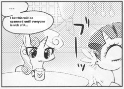 Size: 546x395 | Tagged: safe, rarity, sweetie belle, pony, unicorn, g4, ..., exploitable meme, female, filly, many many pony, mare, meme, meta, monochrome, mug, spit take