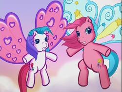 Size: 640x480 | Tagged: safe, screencap, heart bright, star flight, pony, a very pony place, g3, two for the sky, duo, duo female, fairy wings, female, flying, mare, wings, worried