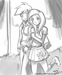 Size: 667x800 | Tagged: safe, artist:johnjoseco, fluttershy, rainbow dash, human, g4, clothes, female, grayscale, humanized, lesbian, monochrome, ship:flutterdash, shipping, shirt, skirt, sweater