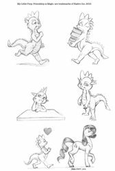 Size: 858x1280 | Tagged: safe, artist:baron engel, rarity, spike, dragon, pony, unicorn, g4, female, male, mare, monochrome, pencil drawing, ship:sparity, shipping, straight, traditional art