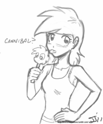 Size: 667x800 | Tagged: safe, artist:johnjoseco, rainbow dash, human, g4, armpits, clothes, female, food, grayscale, human female, humanized, monochrome, popsicle, solo, tank top