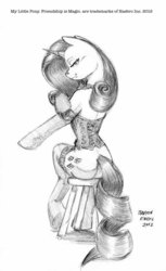 Size: 672x1100 | Tagged: safe, artist:baron engel, rarity, pony, unicorn, g4, butt, clothes, corset, female, mare, monochrome, pencil drawing, plot, pose, solo, stockings, traditional art