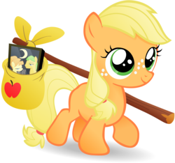 Size: 4000x3742 | Tagged: safe, artist:stinkehund, applejack, aunt orange, uncle orange, earth pony, pony, g4, the cutie mark chronicles, bindle, female, filly, filly applejack, high res, photo, simple background, transparent background, vector, younger