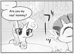 Size: 546x395 | Tagged: safe, rarity, sweetie belle, pony, unicorn, g4, ..., exploitable meme, female, filly, many many pony, mare, meme, monochrome, mug, spit take