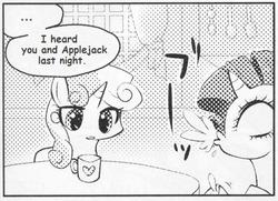 Size: 546x395 | Tagged: safe, rarity, sweetie belle, pony, unicorn, g4, ..., comic, exploitable meme, female, filly, implied lesbian, implied rarijack, implied sex, implied shipping, many many pony, mare, meme, monochrome, mug, spit take