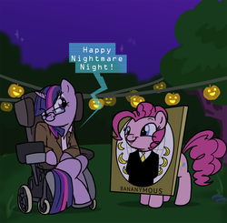 Size: 1019x1000 | Tagged: safe, artist:professor-ponyarity, pinkie pie, twilight sparkle, earth pony, pony, unicorn, g4, :t, anonymous, banana, costume, cute, female, glasses, grin, lip bite, mare, night, nightmare night, sitting, smiling, speech bubble, standing, stephen hawking, wheelchair