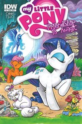 Size: 659x1000 | Tagged: safe, artist:andypriceart, idw, official comic, opalescence, princess luna, rarity, scootaloo, pony, g4, official, comic, cover, dancing, eyes closed, eyeshadow, idw advertisement, party horn