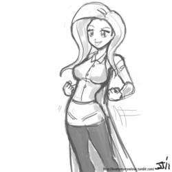 Size: 800x800 | Tagged: safe, artist:johnjoseco, fluttershy, human, g4, breasts, busty fluttershy, clothes, female, grayscale, humanized, monochrome, pantyhose, pelvic thrust, solo