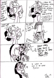 Size: 1521x2174 | Tagged: safe, artist:storypony, discord, screwball, g4, chaos, comic, hat, phone, phone call, pizza, prank, prank call, propeller hat, swirly eyes, teacher's pet, upside down