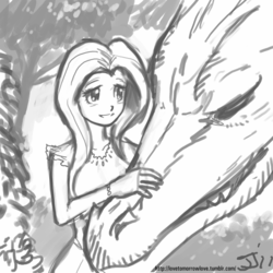 Size: 800x800 | Tagged: safe, artist:johnjoseco, fluttershy, dragon, human, g4, grayscale, humanized, monochrome