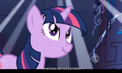 Size: 1675x995 | Tagged: safe, screencap, twilight sparkle, pony, unicorn, friendship is magic, g4, my little pony: friendship is magic, castle of the royal pony sisters, female, scrunchy face, solo, unicorn twilight, youtube caption