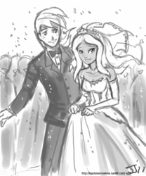 Size: 667x800 | Tagged: source needed, safe, artist:johnjoseco, big macintosh, zecora, human, g4, african, alternate hairstyle, clothes, dark skin, dress, female, grayscale, humanized, light skin, macora, male, monochrome, shipping, simple background, straight, wedding, wedding dress, wedding veil, white background