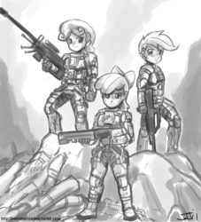 Size: 1000x1100 | Tagged: safe, artist:johnjoseco, apple bloom, scootaloo, sweetie belle, human, g4, crossover, cutie mark crusaders, grayscale, halo (series), humanized, military, monochrome, no trigger discipline, this will end in tears