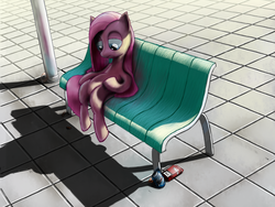 Size: 2048x1536 | Tagged: safe, artist:nbd-four, pinkie pie, earth pony, pony, g4, bench, female, pinkamena diane pie, sad, sitting, solo