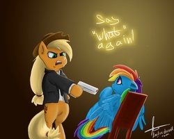 Size: 1000x800 | Tagged: safe, artist:rublegun, applejack, rainbow dash, g4, bipedal, chair, clothes, duo, female, gun, hairband, mare, parody, pulp fiction, signature, spread wings, suit, weapon, wings