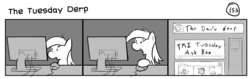 Size: 1280x404 | Tagged: safe, artist:tetrapony, derpy hooves, pegasus, pony, comic:the daily derp, g4, comic, computer, female, mare, monochrome, solo, the tuesday derp