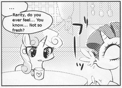 Size: 546x395 | Tagged: safe, rarity, sweetie belle, pony, unicorn, g4, ..., comic, exploitable meme, female, filly, many many pony, mare, meme, monochrome, mug, pms, spit take