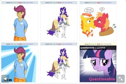 Size: 960x640 | Tagged: safe, big macintosh, carrot cake, rarity, scootaloo, centaur, taur, g4, exploitable meme, humanized, juxtaposition, juxtaposition win, kissing, meta